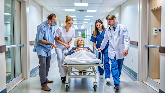 Doctors and nurse pushing female patient on stretcher at corridor in hospital