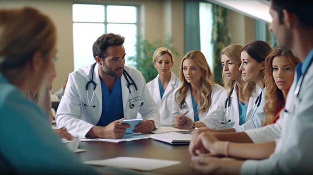 Doctors nurse and women on clipboard in meeting collaboration or teamwork for hospital planning medical or life insurance