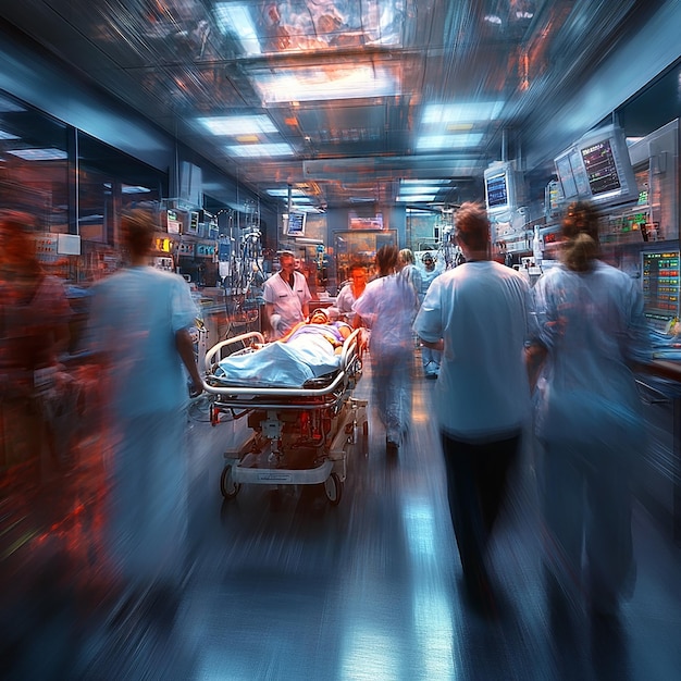 Photo doctors and nurses rushing to treat a patient in a busy hospital