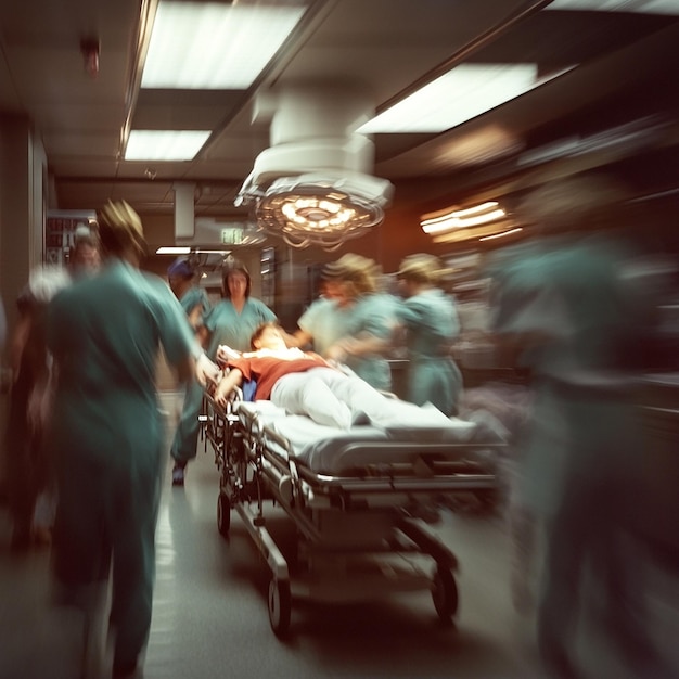 Photo doctors and nurses rushing to treat a patient in a busy hospital