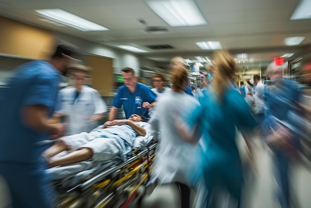 Photo doctors and nurses rushing to treat a patient in a busy hospital