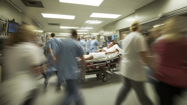 Photo doctors and nurses rushing to treat a patient in a busy hospital