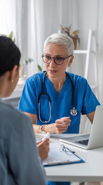 Photo doctors online medical consultation professional head nurse is using laptop to make a conference