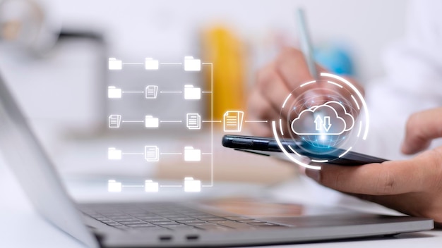 Document in folder to manage a hybrid cloud system and download or upload data to cloud computing document management concept