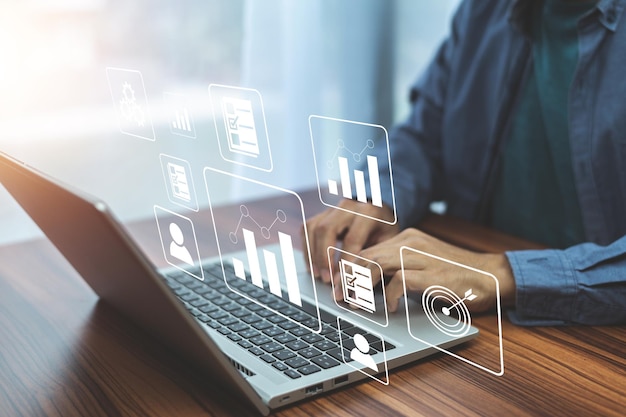 Document management concept Businessman using computer to document management concept online documentation database and digital file storage system or software records keeping database technology