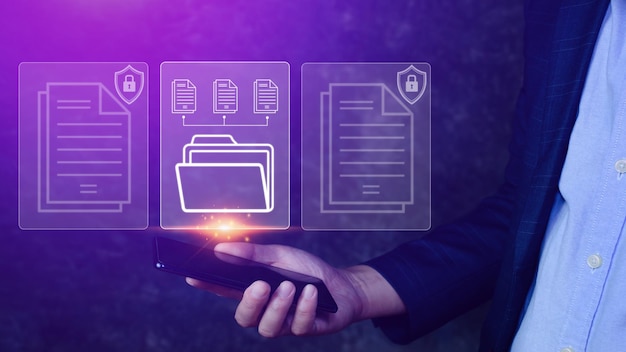 Document Management System DMS being setup IT consultant working on smartphone Software for archiving searching and managing corporate files information