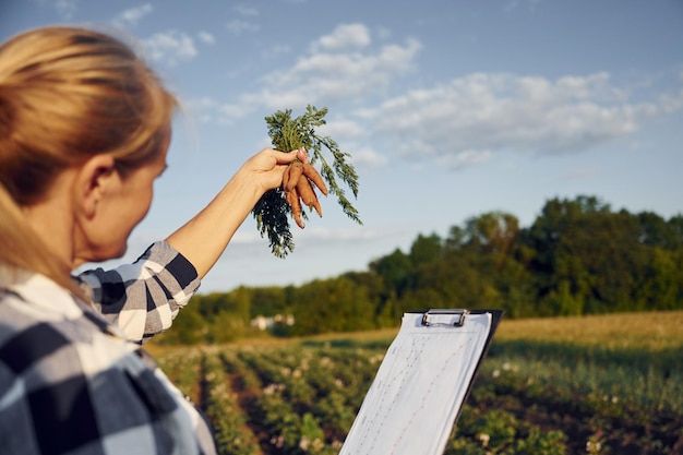 Document with information and carrots in hand Woman is on the agricultural field at daytime