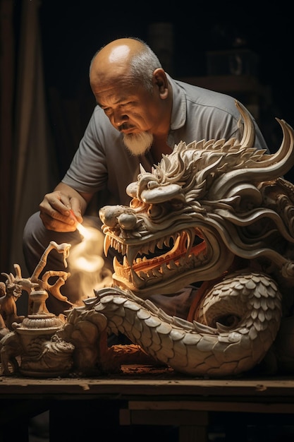 A documentary style photo of an artisan crafting a Chinese dragon sculpture