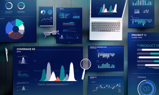 Photo documents with business infographics on the desk