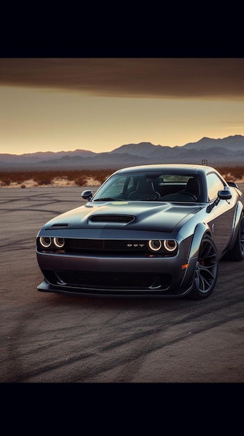 A dodge challenger is driving on a desert road.