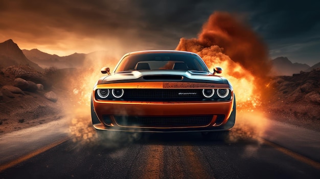 A dodge challenger is driving on a road with smoke coming out of it.