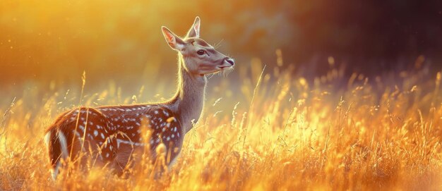 A doe bathed in the golden light of dusk serene amidst the whispering fields