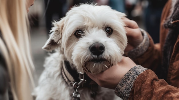 Dog adoption concept woman petting cute small white dog pet love and care generative AI