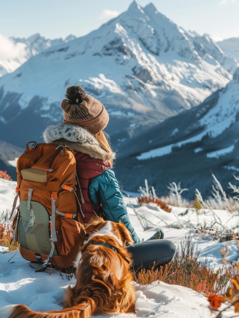 Dog Adventure Female Hiker and Dog Enjoying Snowy Field Atop Mountain Idyll