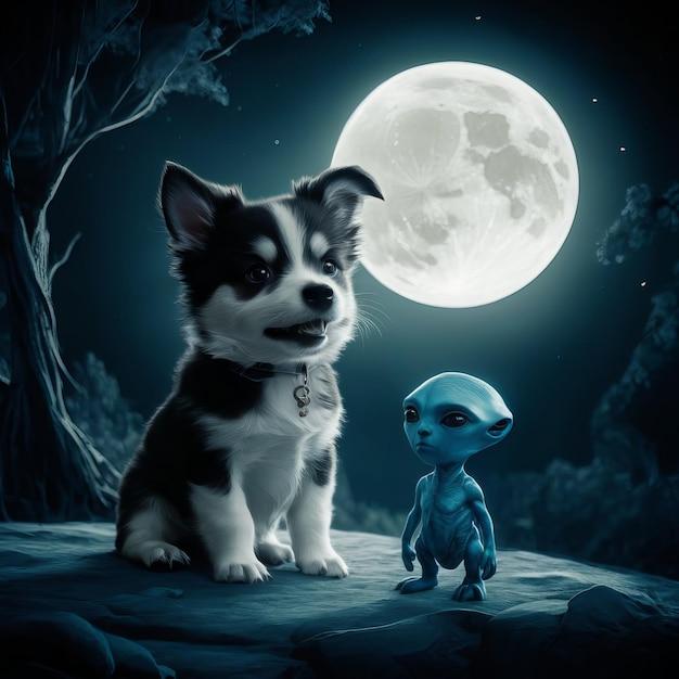 a dog and a alien are sitting in front of a full moon