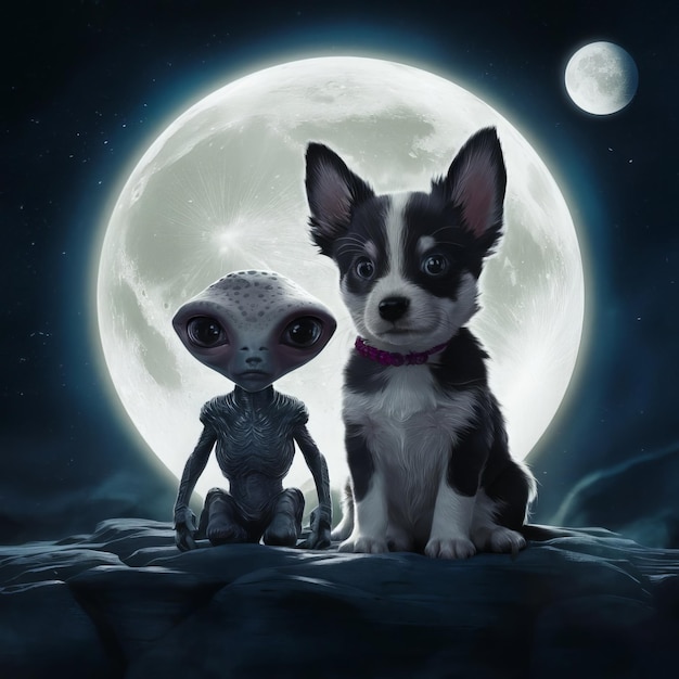 a dog and a alien are sitting in front of a full moon