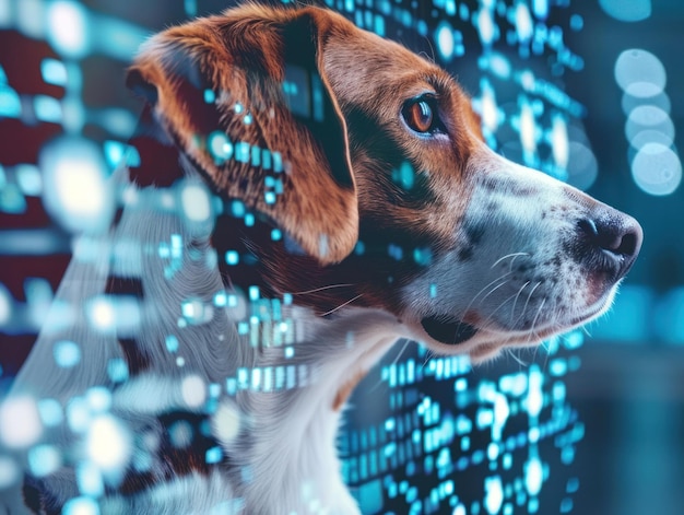 Dog Amidst Digital Data Visualization A beagle dog39s profile is superimposed with a backdrop of digital binary code illustrating the convergence of animal instinct and digital data