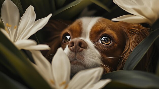 Photo dog among flowers in naturalistic style