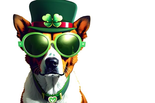 Dog Animal in Green Patrick's day hat Happy St patricks day background banner with copy space Generative AI