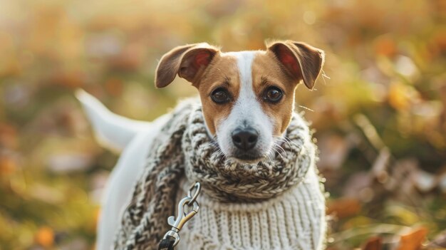 Dog in autumn sweater with leash on isolated green background