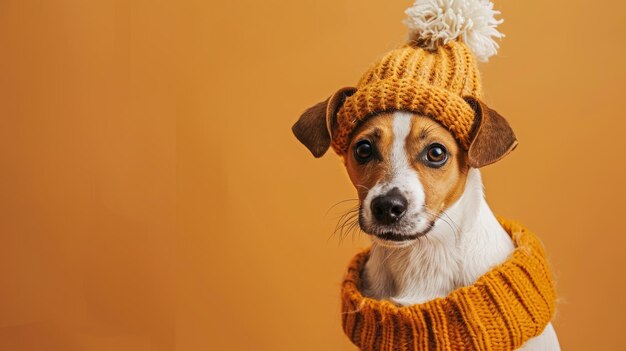 Dog in autumn wear with hat on isolated orange background