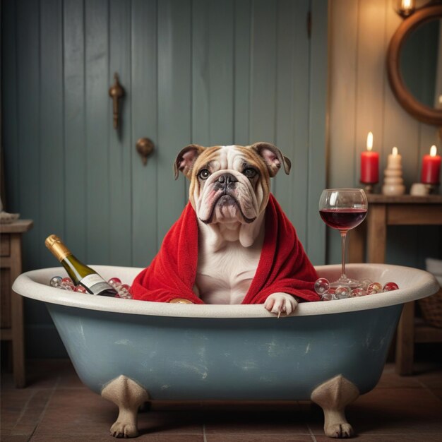 Photo a dog in a bath tub with a bottle of wine in it