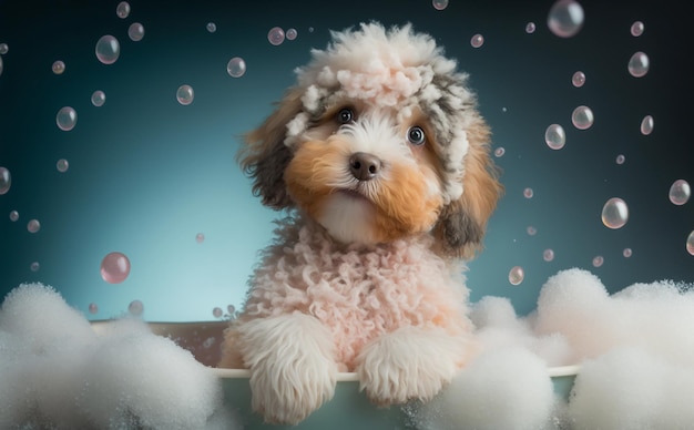 A dog in a bathtub with foam on it