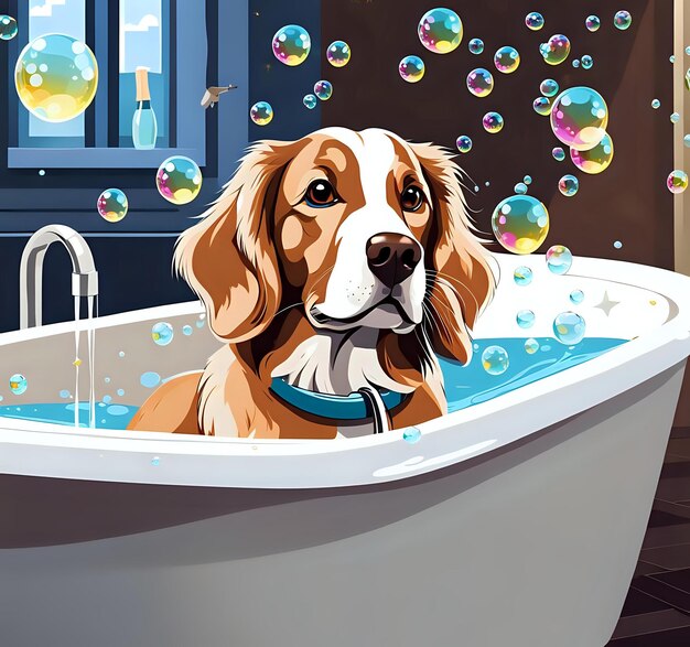 Photo dog in bathtub with luxurious soap bubbles