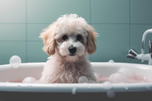 a dog in a bathtub with a white and brown fur