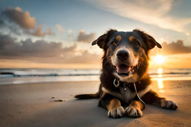 A dog on the beach at sunset