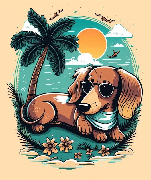 A dog on a beach with a palm tree and a sunburst on it.