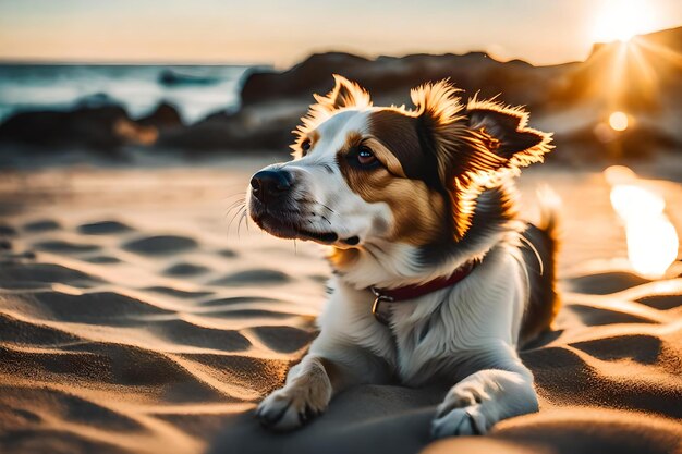 A dog on the beach with the sun behind him