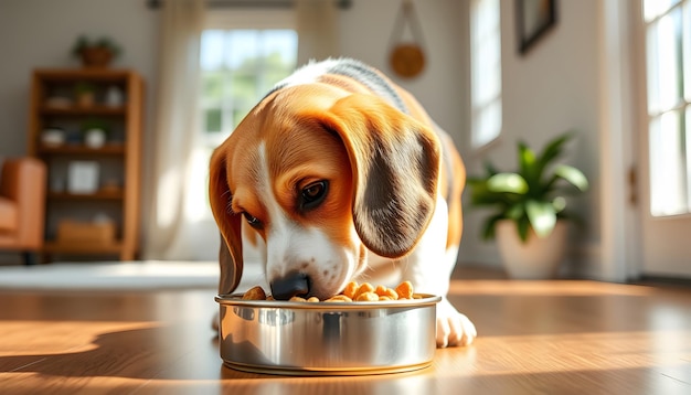 Photo dog beagle eating canned food from bowl in bright interior dog food concept isolated with white