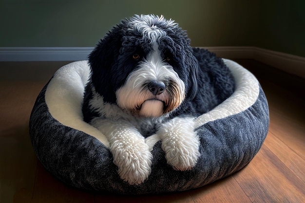 A dog bed with a dog on it