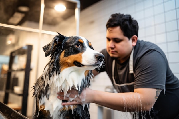 dog being washed by groomer in pet shop