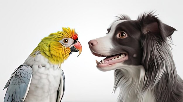 Photo a dog and a bird looking at each other