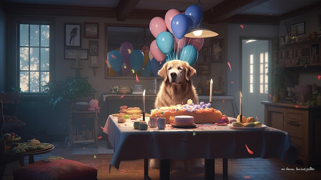 Dog birthday digital art illustration Generative AI