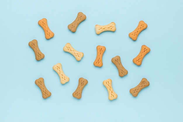 Dog biscuits scattered on a blue background A delicious treat for dogs with cereals Flat lay