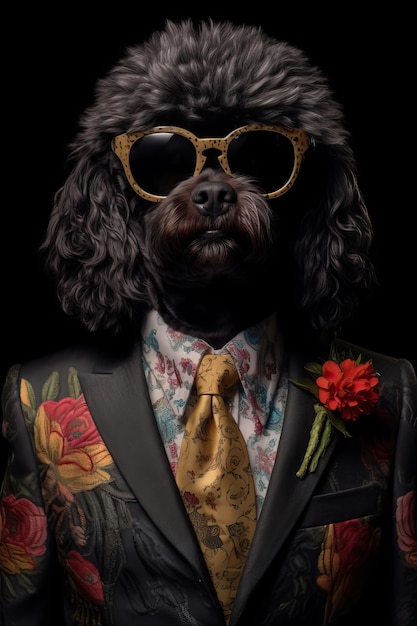 Dog black poodle dressed in an elegant modern suit with a nice scarf wearing sunglasses Fashion