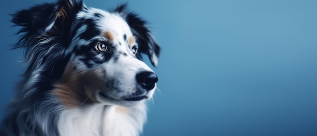 Dog on blue background with copy space created by generative AI