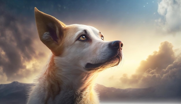 Dog on the blue sky background