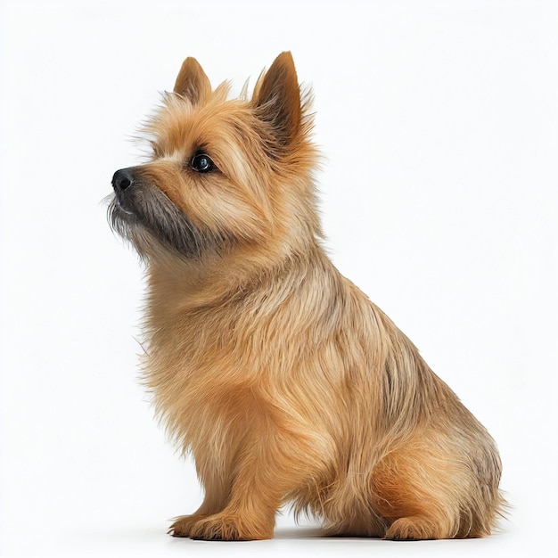 Dog breed norwich terrier isolated on white close-up.  Small nice fluffy orange dog