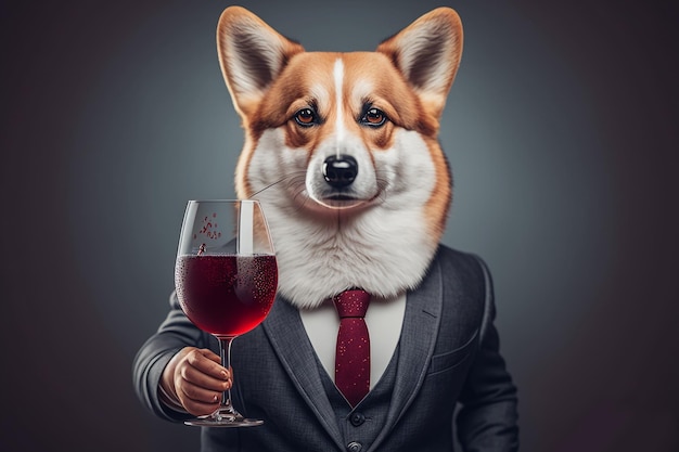 Dog in a business suit with a glass of red wine generated by AI