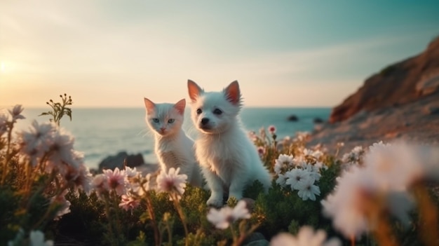 dog and cacfunny fluffy puppyand kitten sit on wild flowers beach beach and in sea on sunset