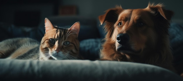 A dog and a cat are on a bed together.