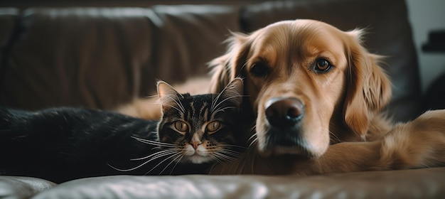 A dog and a cat are laying on a bed together.