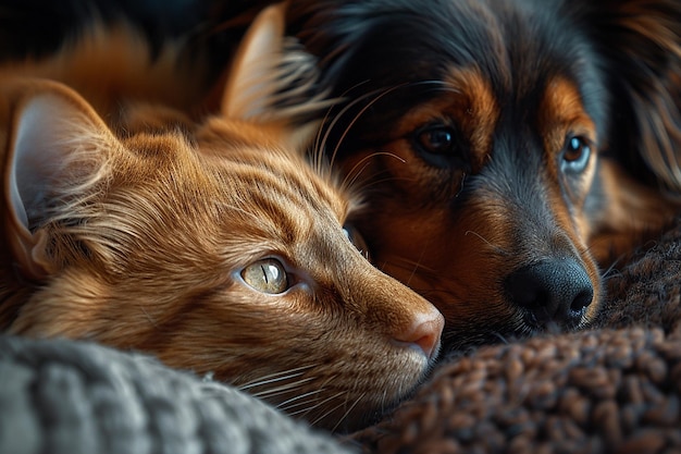 a dog and a cat are laying on a couch one of which is a dog