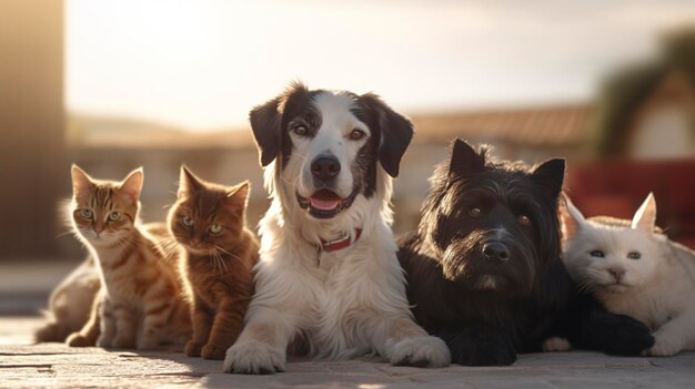 a dog and a cat are laying on the ground with a dog and a cat