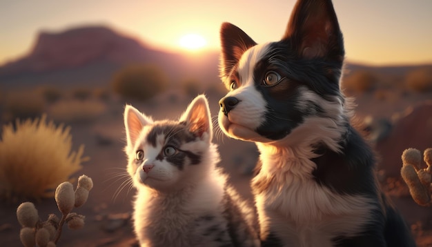 A dog and a cat are looking at the camera.