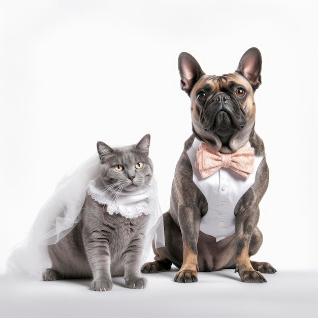 A dog and a cat are posing for a photo.